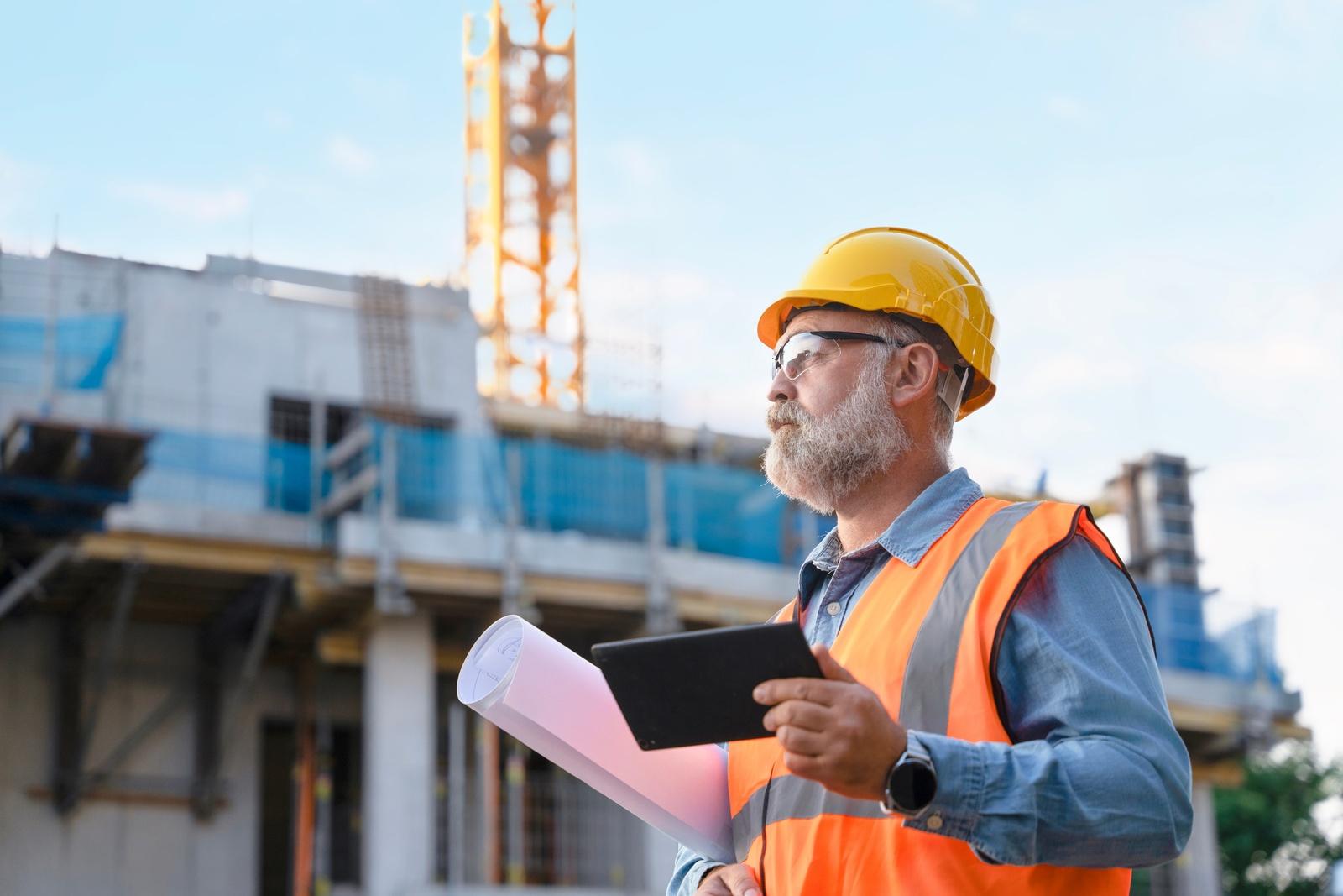 Person in a hard hat and safety vest holding a tablet and rolled plans at a building site